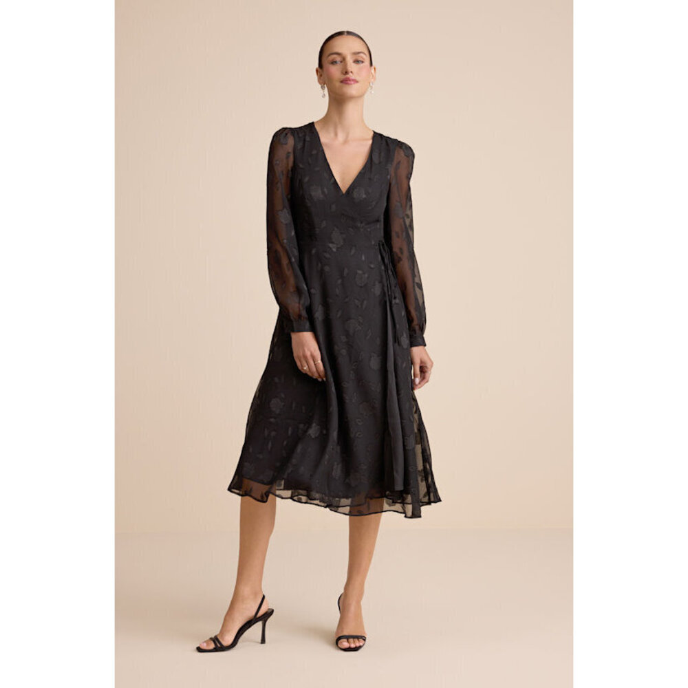 Lulus Evening Of Elegance Black Floral Jacquard Wrap Midi Dress - Size M